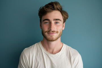 A close up portrait of a young man with a subtle smile
