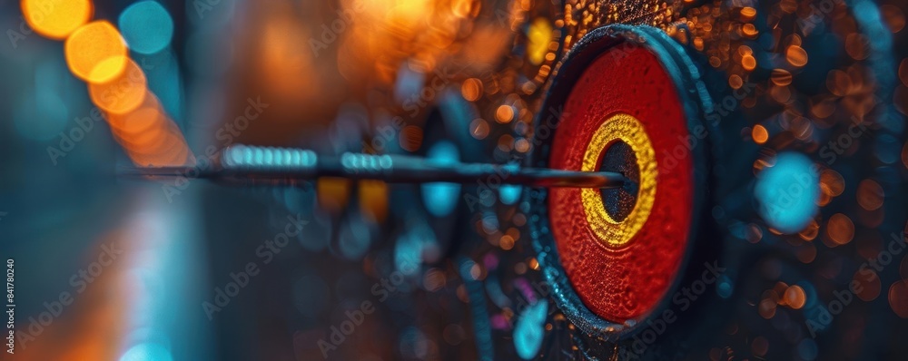 Poster close-up shot of an arrow hitting the bullseye on a target board, with a blurred bokeh background. c