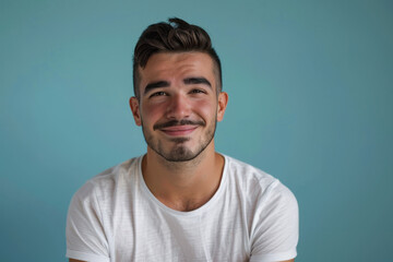A close up portrait of a young man with a subtle smile