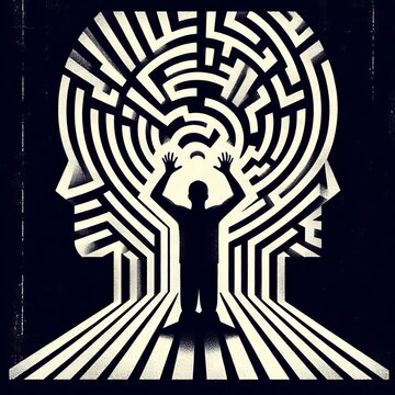 Dynamic Silhouette with Maze Pattern and Raised Hands in Retro Style, enhancing the sense of complexity and entrapment