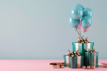 Cluster of balloons over teal gift boxes