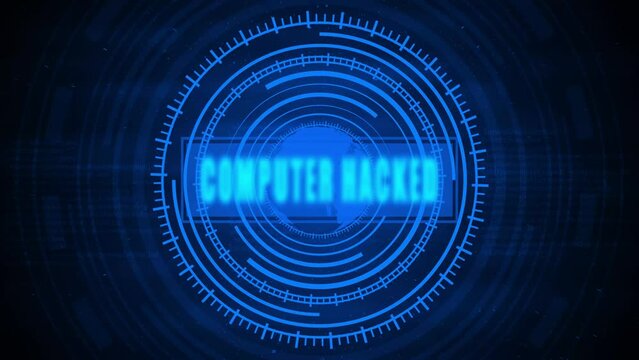 Blue radar screen background and Computer hacked text animation. Wave signal and rotating earth globe