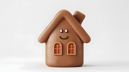 Cheerful Clay-Style House Icon with Happy Expression on White Background