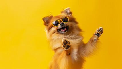 A playful spitz dances with glasses. The concept of a summer sale or pet store banner