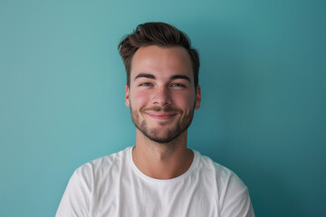 A close up portrait of a young man with a subtle smile