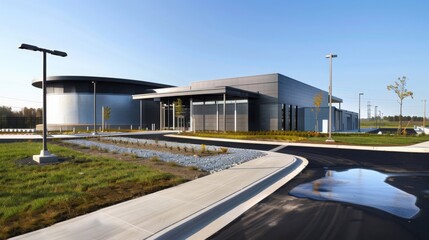 A modern public waste management facility, showcasing advanced technology and clean design in a setting of a well-maintained public service site, emphasizing public utility efficiency. 