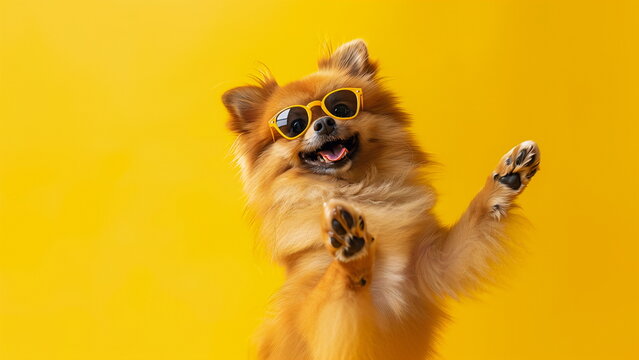A playful spitz dances with glasses. The concept of a summer sale or pet store banner