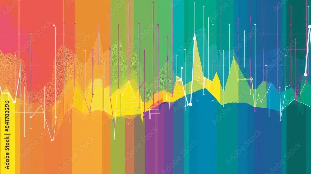Poster a colorful line graph displayed on a computer screen, with sharp increases and decreases representin