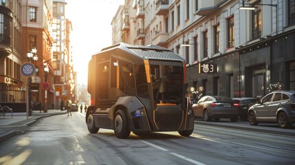 A modern waste collection vehicle with robotic arms, showcasing sleek industrial design in a...