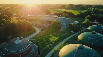 A biogas plant producing energy from organic waste, showcasing advanced biogas systems in a setting of a renewable energy facility, emphasizing sustainable energy production. 