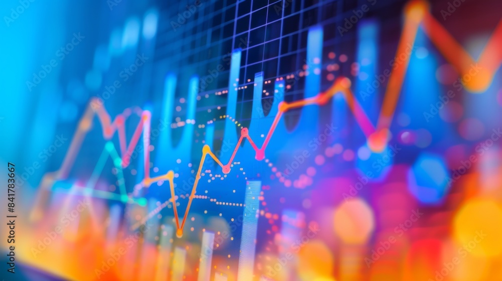 Poster a colorful line graph on a computer screen, showing business trends with sharp increases and decreas
