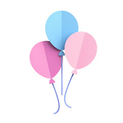 Three colorful cartoon balloons in blue and pink, floating with strings, perfect for celebrations, birthdays, or party decorations.