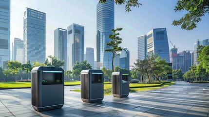 A city implementing IoT-enabled waste bins, showcasing advanced sensor technology in a setting of a modern urban area, emphasizing smart waste management. 