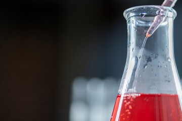 Close-up of a graduated conical flask with a red liquid being added from a dropper.