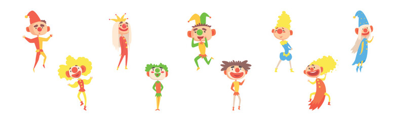 Funny Clown Boy Character in Bright Costume with Nose Vector Set