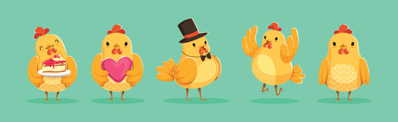 Funny Chicken Bird Engaged in Different Activity Vector Set