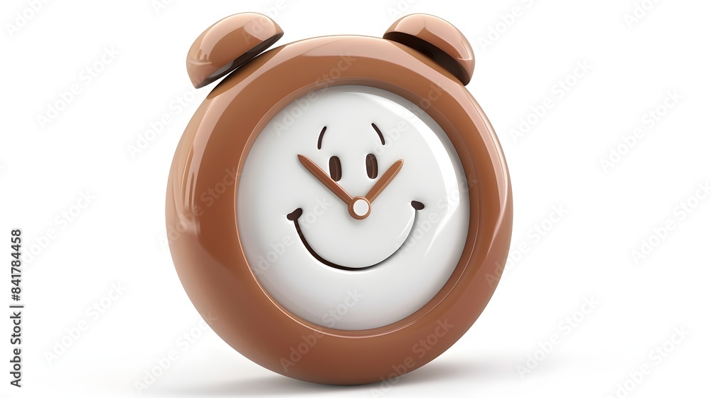 Poster charming 3d rendered clay-style clock icon with smiling face on white background