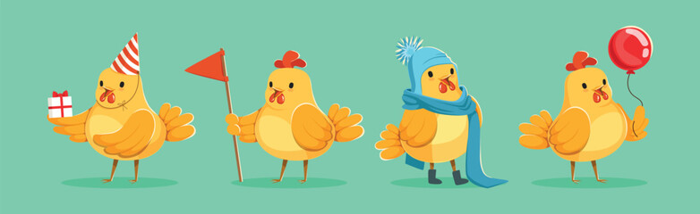 Funny Chicken Bird Engaged in Different Activity Vector Set