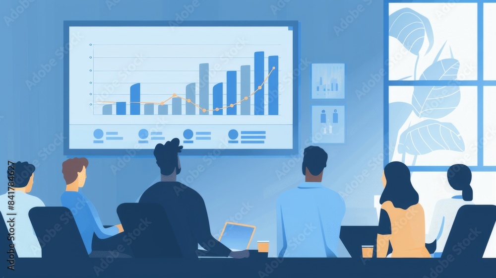 Poster a conference room with a large screen showing a sales growth graph, with colleagues engaged in discu