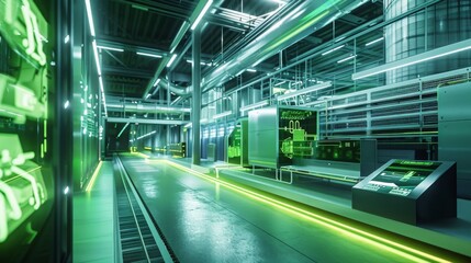 Obraz premium A futuristic recycling plant with holographic displays and advanced sorting technology, set in a clean, high-tech industrial space, highlighting innovation and efficiency.