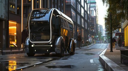Obraz premium A futuristic waste collection vehicle with robotic arms, showcasing sleek industrial design in a bustling urban street, emphasizing efficiency and innovation. 
