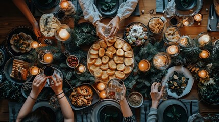 Fototapeta premium Friends celebrate at a festively decorated table in a cozy atmosphere with lots of lights and candles. Concept: New Year and Christmas holidays, family and friendly gatherings