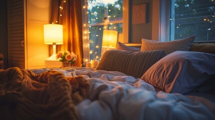 A cozy bedroom with a comfortable bed, soft pillows, and warm blankets, inviting relaxation and restful sleep.