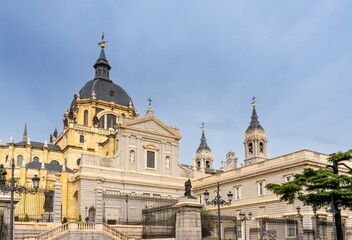 view of the Almudena Cathedral near the Royal Palace in downtown Madrid
