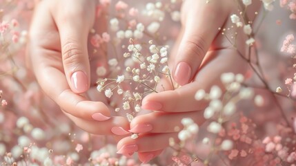 Female hands with pink nail design hold flowers generative ai