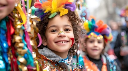 Joyful Children Participating in a Vibrant Community Parade Wearing Colorful Costumes
