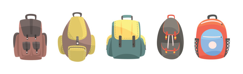 Colorful Backpack and Rucksack with Shoulder Strap Vector Set.