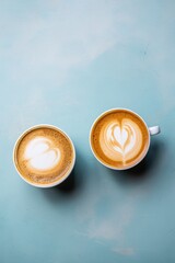 Cup of coffee on saucer isolated on blue background