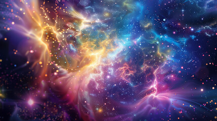 Fototapeta premium A vivid depiction of a cosmic explosion, with swirls of vibrant colors and ethereal light creating a sense of interstellar wonder and energy.