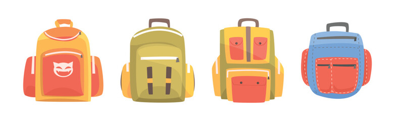 Colorful Backpack and Rucksack with Shoulder Strap Vector Set.