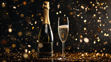 Champagne and fizzing glass with sparkles