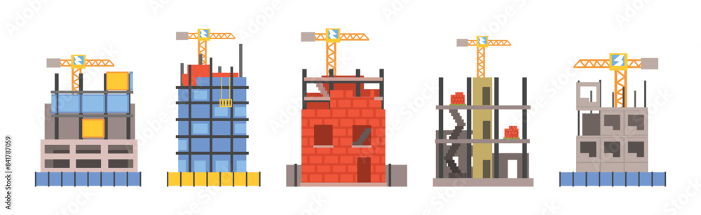 Poster frame of house as construction process of building vector set