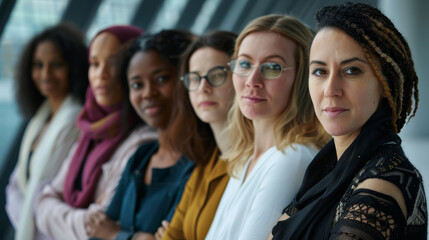 Fototapeta premium A diverse group of women standing together, each with distinct expressions and styles, symbolizing unity and empowerment.
