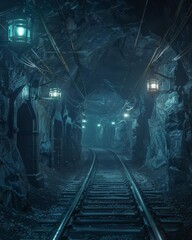 Naklejka premium Abandoned mining tunnel with tracks, dark and mysterious, glowing lamps, high detail