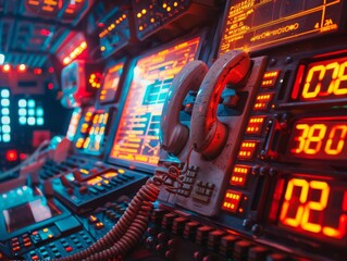 Obraz premium An analog phone on a futuristic control panel with neon lights and digital readouts
