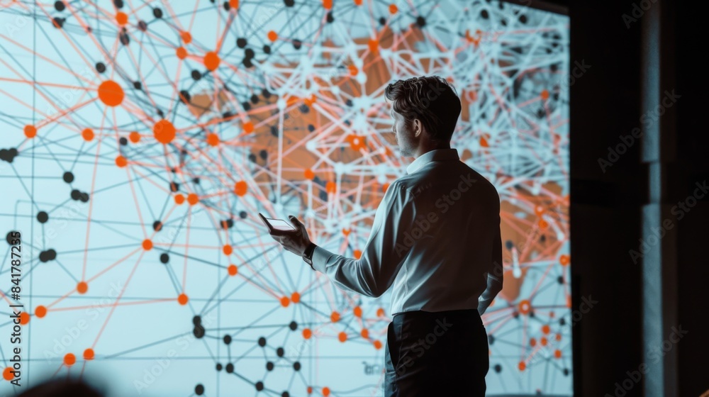 Fototapete A data scientist presenting a complex network graph on a large screen, explaining business connections and data flow.