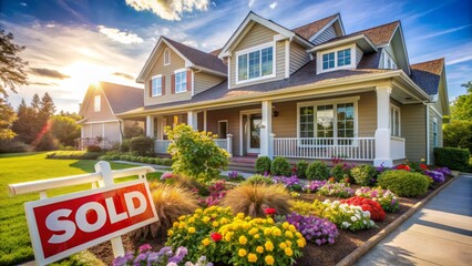 Sunny suburban home exterior with sold sign, welcoming porch, and blooming flowers, symbolizing newly acquired dream home and successful real estate investment.