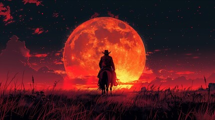 Fototapeta premium Cowboy Riding Horse Silhouetted Against Large Red Moon at Night