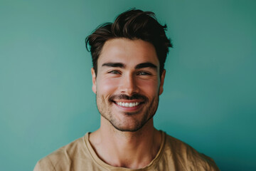 A close up portrait of a young man with a subtle smile