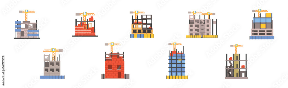 Poster frame of house as construction process of building vector set