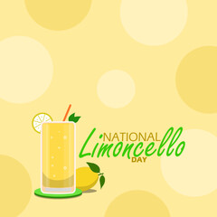 National Limoncello Day event banner. A glass of limoncello drink with lemon on light yellow background to celebrate on June 22nd