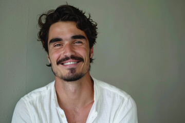 A close up portrait of a young man with a subtle smile
