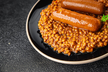 sausages with lentils second course natural fresh meal food snack on the table copy space food background rustic top view