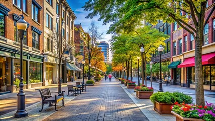Fototapeta premium Vibrant city street scene with empty sidewalk, buildings, and trees, conveying a sense of lively urban atmosphere, perfect for mature ladies' fun outing concept.