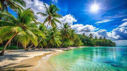 Fototapeta premium Serene tropical beach scene with calm turquoise waters, lush green palm trees, and soft golden sand under a bright blue sunny sky.