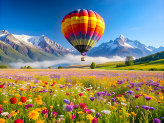 Fototapeta premium Hot air balloon over cosmos flower with blue sky 